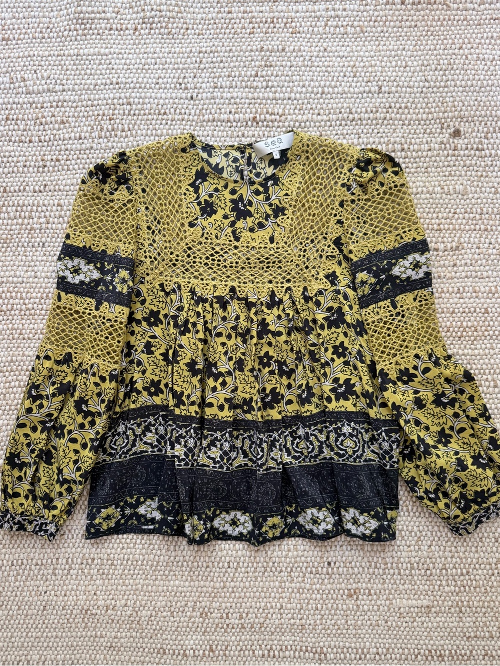 Sea New York Silk Floral Crochet Lace Peasant Blouse Top Size 2 Fall Maximalism